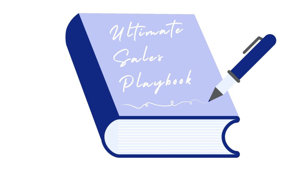 A dark blue book with a light blue front cover with the title: Ultimate Sales Playbook. There is a dark blue pen that has just finished writing the title.
