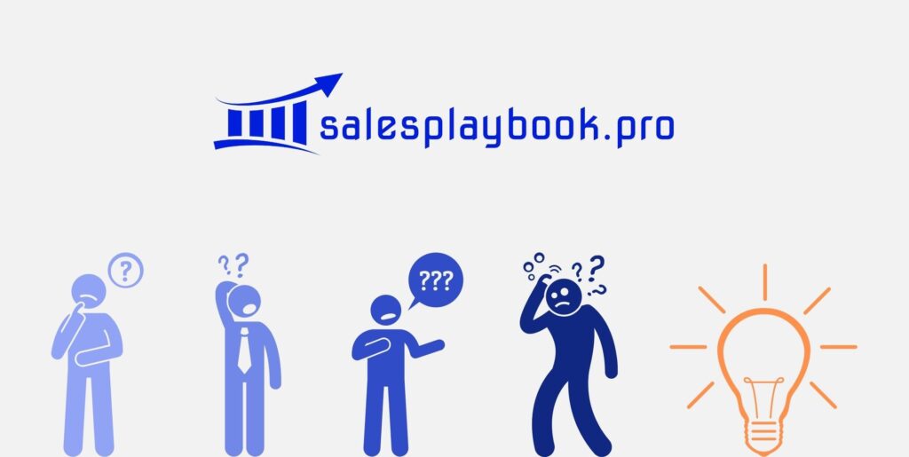 A blue logo that says salesplaybook.pro is at the top of the page. There are 4 blue illustrations of people with question marks above their heads. There is an orange lightbulb illustration on the right of all the people.